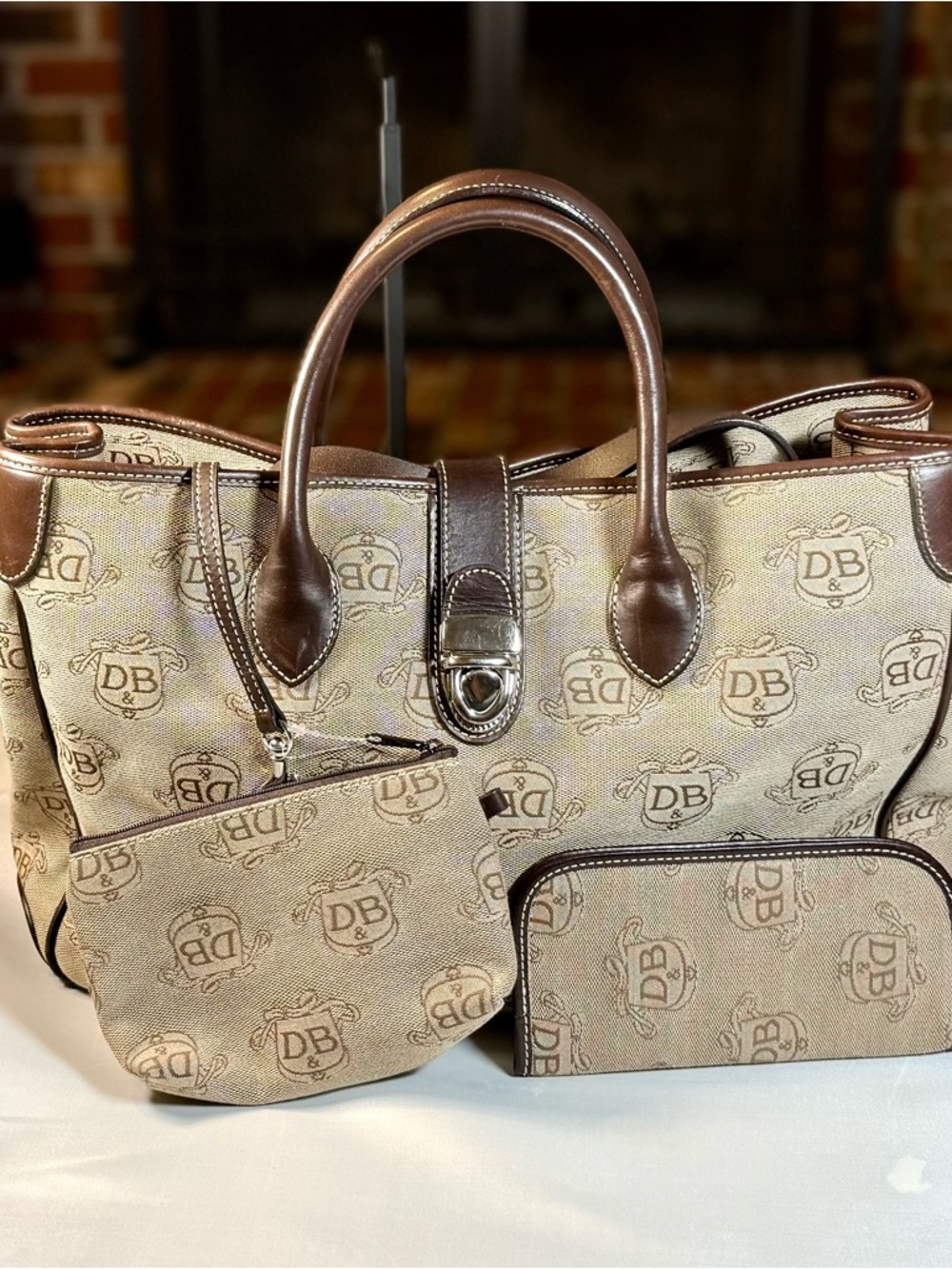 Dooney & Bourke Beige and Brown Signature Canvas Tote with Pouches